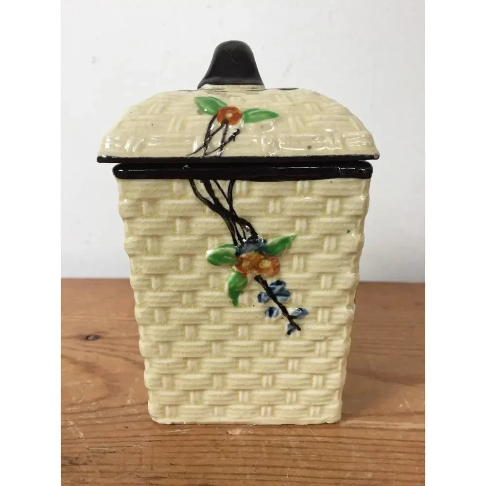 Vintage Hotta Yu Shoten Japanese Japan Basketweave Majolica Nutmeg Spice Jar